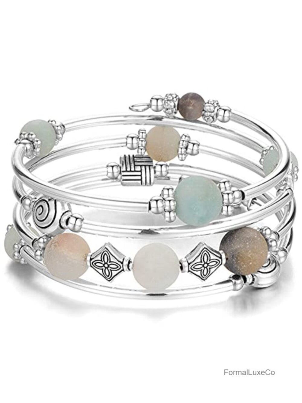 Multilayer Wrap Bangle Bracelet with Faux Pearl and Metal Beads